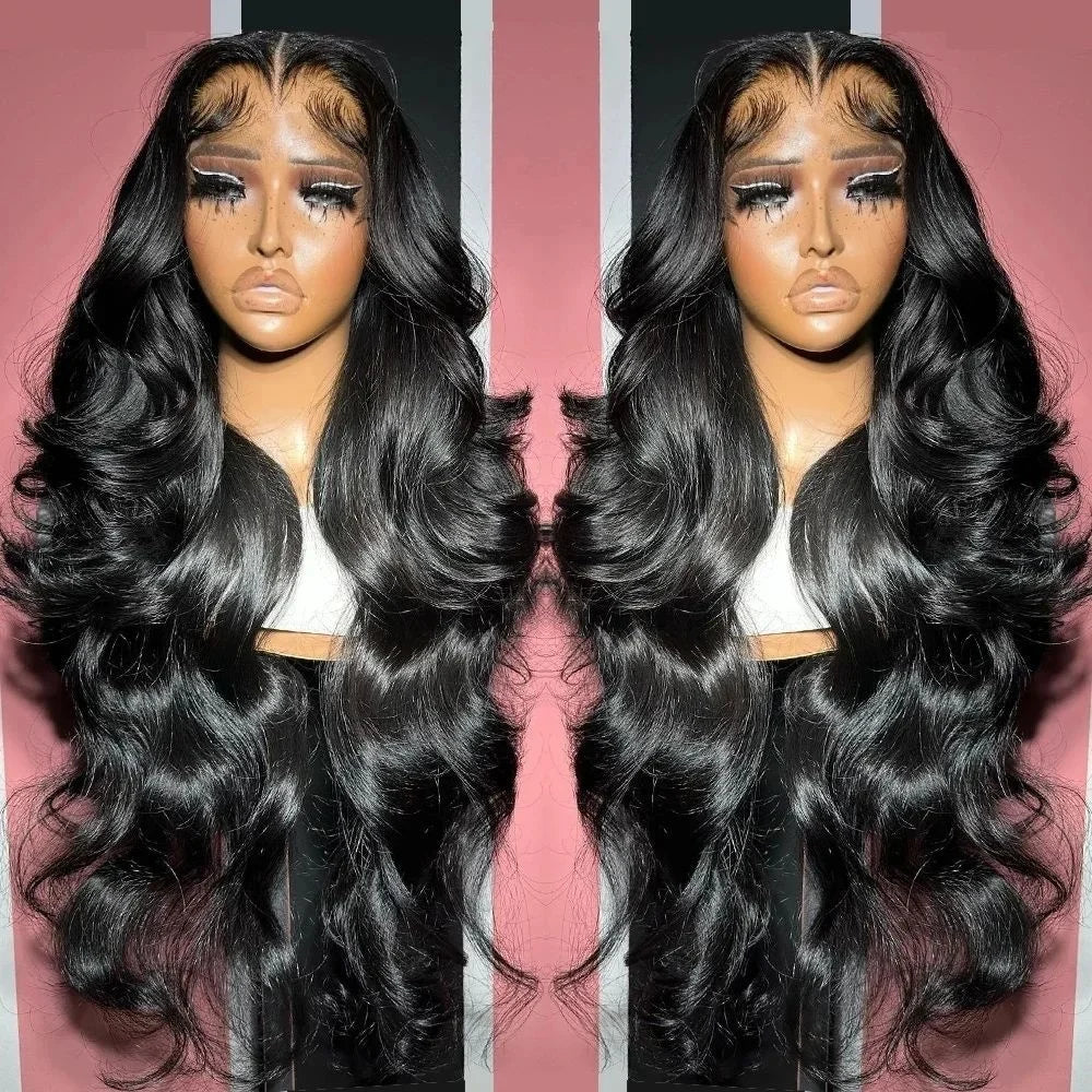 Black wavy wig on a mannequin head with a pink and white striped background