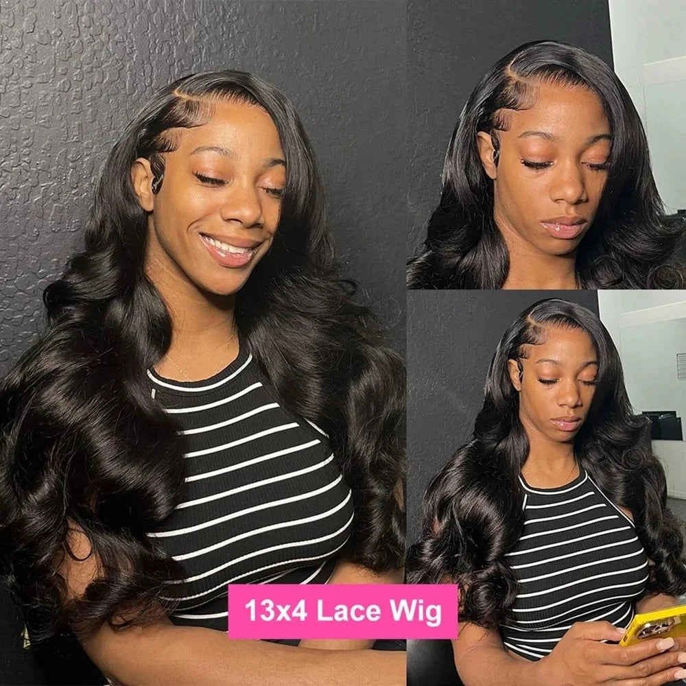 Woman wearing a 13x4 lace wig with close-up shots of the wig on a gray background.